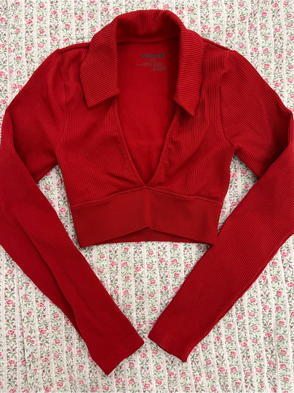 Garage Red Ribbed Long-Sleeve Cropped Polo Top